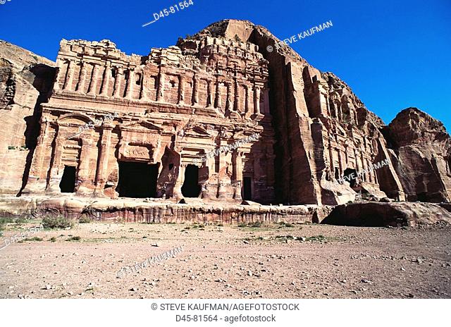 Nabataean royal stone tombs carved into the rock, Petra. Jordan