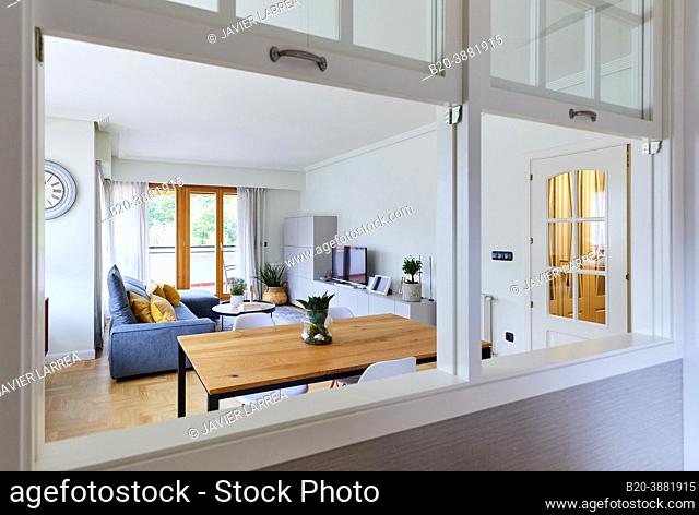 Separation window of the living room with the kitchen, Living room, Home interior, Interior decoration, Zumarraga, Gipuzkoa, Basque Country, Spain, Europe