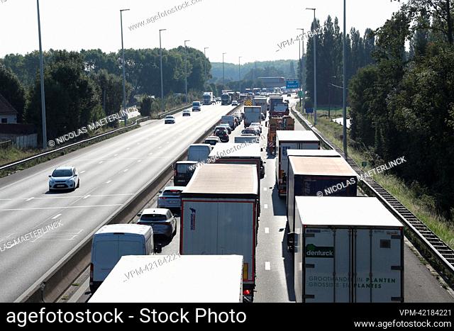Illustration picture shows traffic congestion with lots of trucks and cars after an accident with a truck at the Drongen exit of the E40 highway, in Drongen