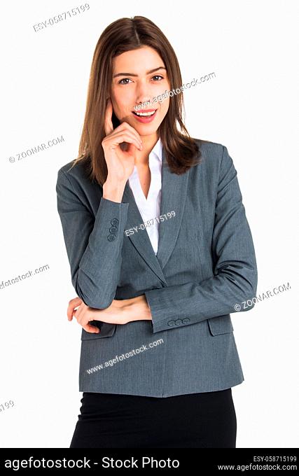 Portrait of business woman in formal suit touching chin thinking over serious decision. isolated on white background