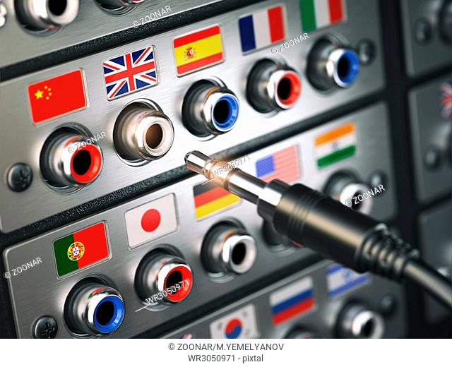 Select language. Learning, translate languages or audio guide concept. Audio input output control panel with flags and plug