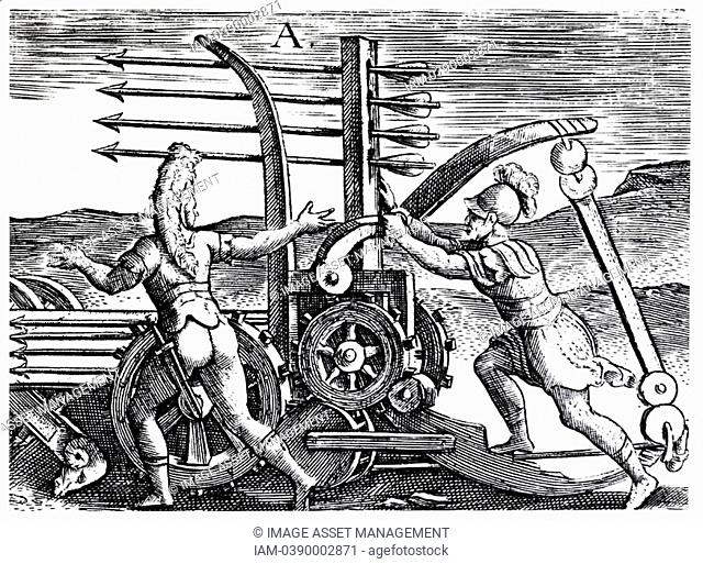 Roman soldiers using a war engine firing multiple arrows  Reconstruction from Justus Lipsius 'Poliorceticon sive de Machinis Tormentis Telis'