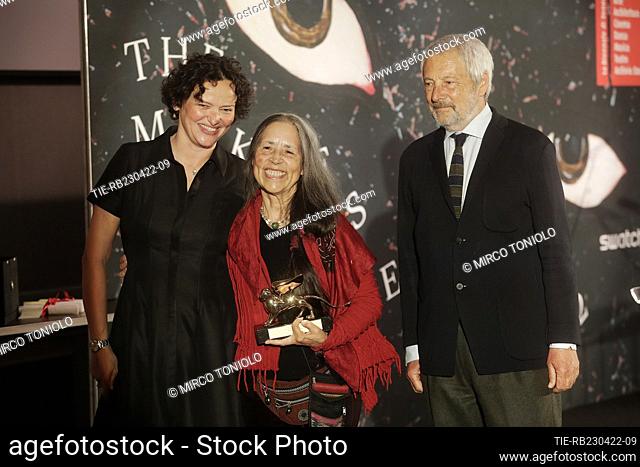 Chilean artist Cecilia Vicuna poses with the Golden Lion award for Lifetime Achievement during the awards ceremony at the 59th International Art Exhibition in...