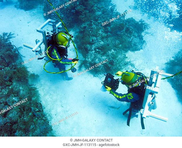 Two NEEMO 10 crewmembers participate in a session of extravehicular activity (EVA) for the NASA Extreme Environment Mission Operations (NEEMO) project