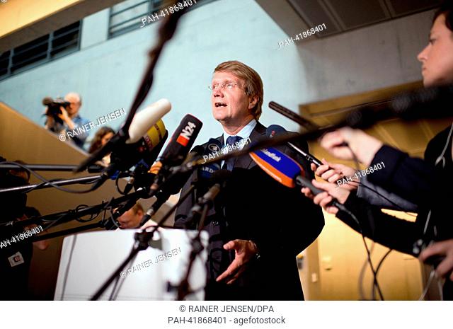 Chief of Staff of the German Chancellery and German Minister for Special Affairs, Ronald Pofalla, gives a press statement after a session of the Parliamentary...