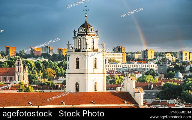 Vilnius, Lithuania. Sunset Cityscape Of Vilnius, Lithuania In Summer. Beautiful View Of Old Town In Evening. Sts Johns' Church Sv. Jonu baznycia