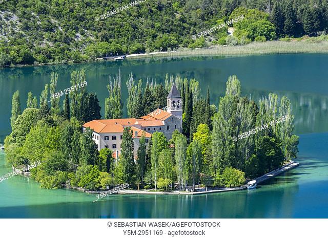 Visovac Monastery at Visovacko jezero, Krka National Park, Bristane, Sibensko-Kninska, Dalmatia, Croatia, Europe