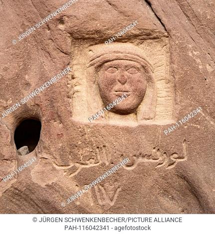 The portrait of the British officer and writer Thomas Edward Lawrence (1888 - 1935) is carved in a rock in the Wadi Rum desert