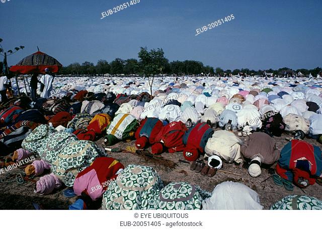 Salah Day marking the end of Ramadan. Lines of Muslim men at prayer