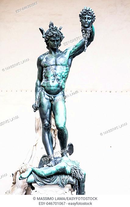Perseus with the Head of Medusa is a bronze sculpture made by Benvenuto Cellini in 1545. from the back, you can see the self-image of the sculptor Cellini on...