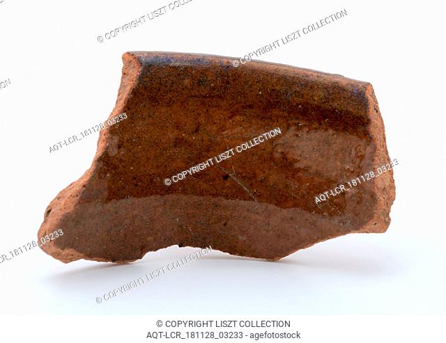Fragment of red earthenware, partly glazed, fragment crockery holder kitchen utensils earthenware ceramics earthenware glaze lead glaze