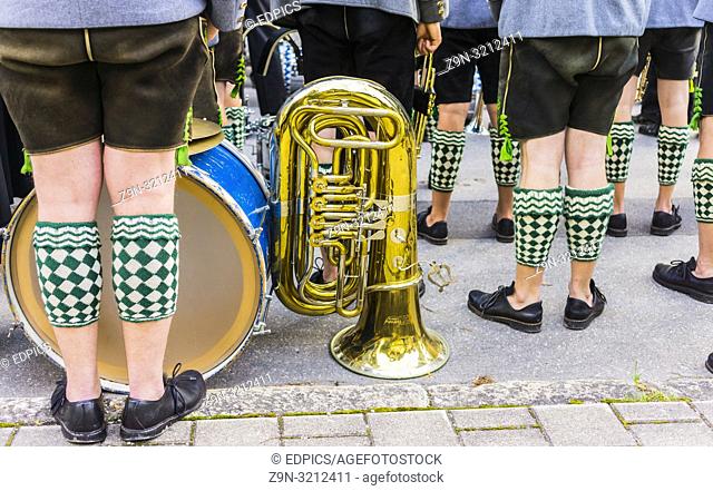 bavarian marching band dressed in traditional garment on the occasion of the- partenkirchner festwoche- during the traditional parade, garmisch-partenkirchen