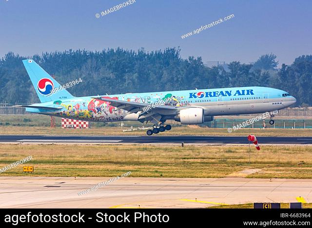 A Korean Air Boeing 777-200ER aircraft with registration number HL7766 in a special livery at Beijing Airport (PEK), Beijing, China, Asia