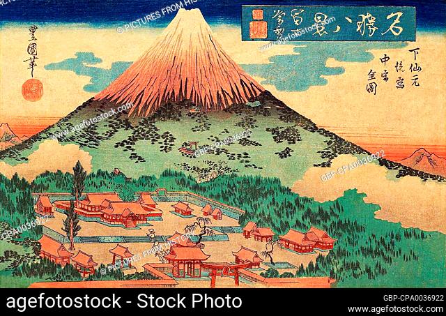 Japan: 'Twilight Snow on Mount Fuji: Complete View of the Back Shrine and the Middle Shrine at Shimo Sengen'. From the series 'Eight Views of Famous Places' by...