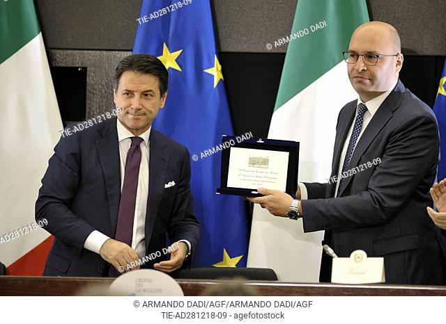 Italian Prime Minister Giuseppe Conte, Marco Di Fonzo President Parliamentary press association during the traditional press conference of year end at Palazzo...