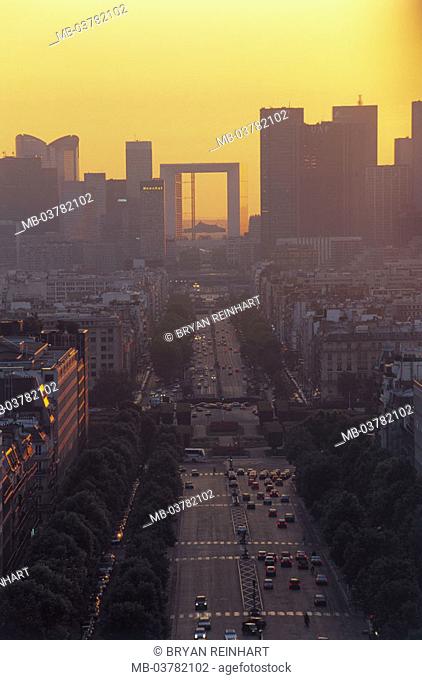 France, Paris, district La Defense,  view at the city, dusk,  Europe, metropolis, city, capital, street, multilane, traffic, cars, buildings, constructions