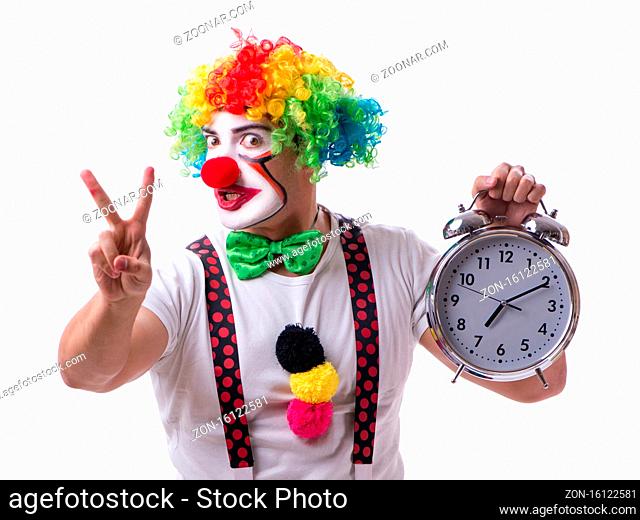 The funny clown with an alarm clock isolated on white background