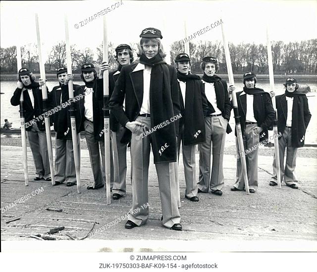 Mar. 03, 1975 - Oxford Boat Race Crew In New Outfits: The Oxford University boat-race crew were seen for the first time in their new look Hardy Amies styles...