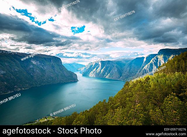 Sogn And Fjordane Fjord, Norway. Amazing Summer Scenic View Of Sogn Og Fjordane. Famous Norwegian Landmark And Popular Destination In Summer Day
