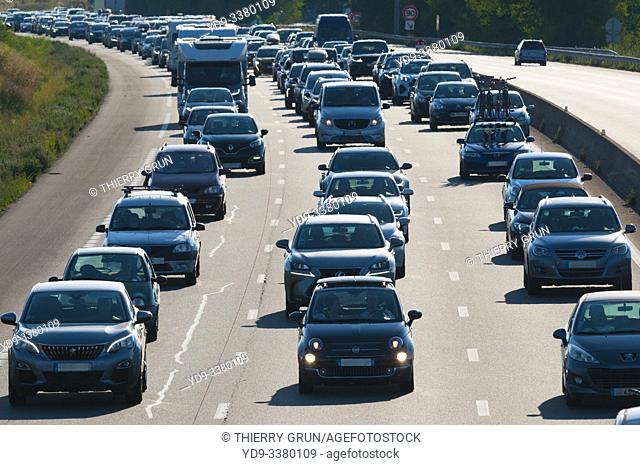 France, Orleans, motorway A10, Sunday 25/8/19 at West of town, recurent traffic jam at the return of summer vacation