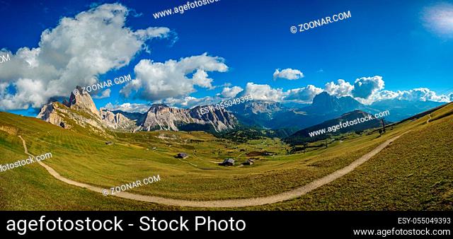 Panoramic view of Seceda peak, Odle mountain range, Gardena Valley, Dolomites, Italy