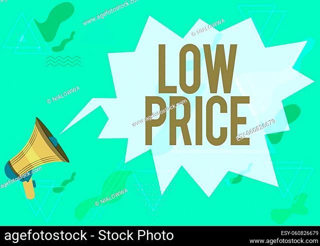 Conceptual caption Low Price, Internet Concept Price are the lowest in relation to other things of same kind Megaphone Drawing With Conversation Bubble Showing...