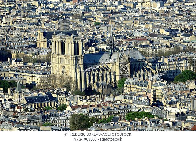 Aerial view of Notre Dame Cathedral in Paris, France, Europe