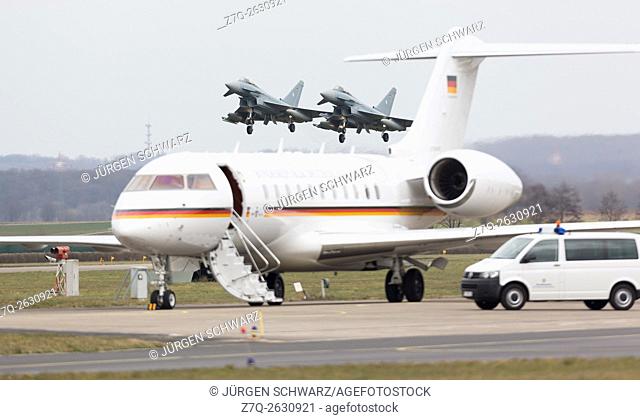 Two Eurofighter over the Airbus A340 of the German Chancellor Angela Merkel, Tactical Air Force Squadron 31 ""Boelcke"" in Noervenich, 03. 21. 2016