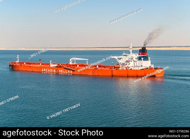 Suez, Egypt - Crude Oil Tanker Aegean Angel vessel passing the New Suez Canal (The Great Bitter Lake) near Suez, Egypt, Africa