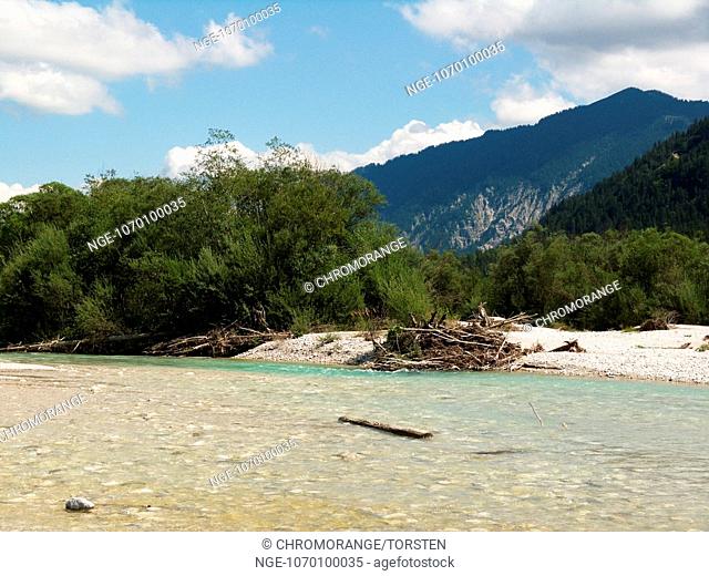 The river Isar in the Isarwinkel between Lenggries and Wallgau near Vorderriss in the bavarian Alps