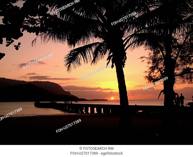 Princeville, Kauai, HI, Hawaii, North Shore, Hanalei Bay, Black Pot Beach Park, Hanalei Beach Park, sunset, pier, jetty