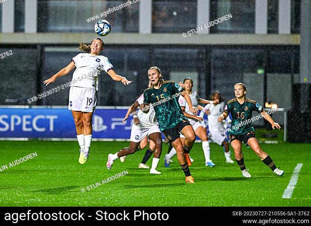 Dona Scannapieco (19) of France an Jella Veit (15) of Germany pictured during a female soccer game between the national women under 19 teams of France and...