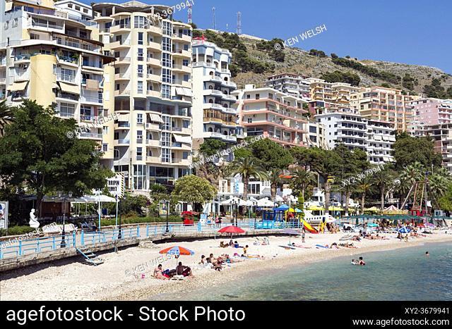 Sarande or Saranda, Sarande District, Albania. View along main resort beach