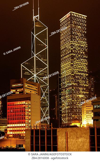 Central district at night (Bank of China, Citibank, Legislative Council), Hong Kong Island, Hong Kong, China, East Asia