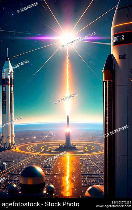 Illustration of launching starship. Space travel, exploration, future concept. AI generated image