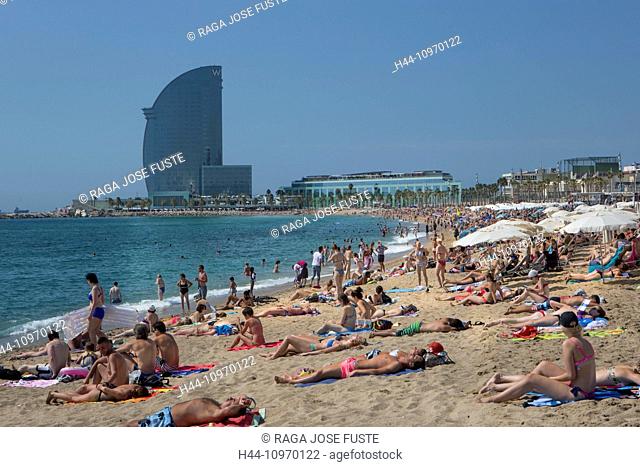 Barcelona, City, Barceloneta, beach, Catalonia, hotel, landscape, Spain, Europe, summer, sun bathing, touristic, travel, vela