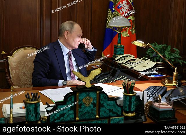 RUSSIA, MOSCOW - DECEMBER 21, 2023: Russia's President Vladimir Putin has a phone conversation with St Petersburg schoolgirl Ksenia Mazneva, 13