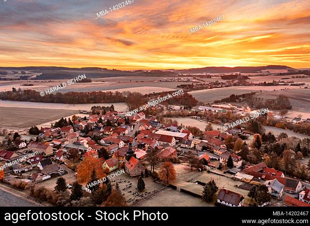 Germany, Thuringia, Stadtilm, district Griesheim, village, church, cemetery, Ilm, fields, dawn, overview, aerial picture, back light