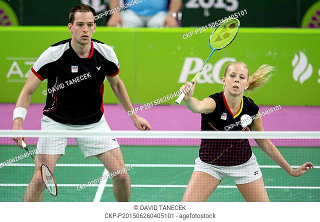 Czech players Alzbeta Basova, right, and Jakub Bitman compete in badminton mixed doubles quarterfinal match Czech Republic vs Denmark at the Baku 2015 1st...