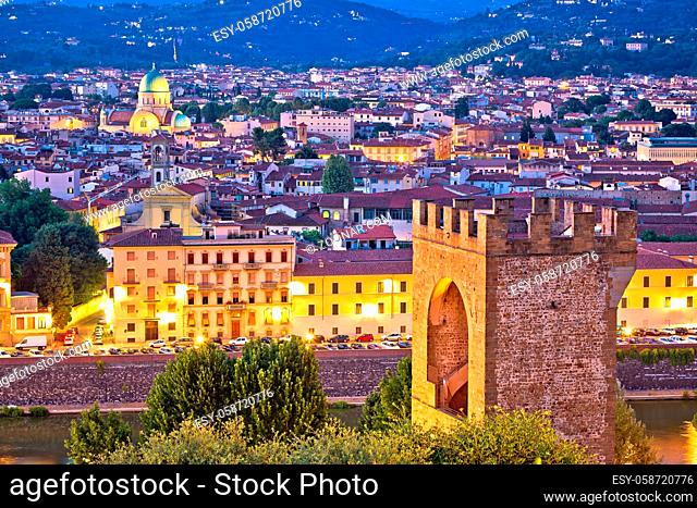 Florence rooftops and tower of San Niccolo evening view, landmarks of Tuscany region, Italy