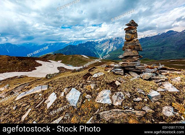 Stone cairn in Himalayas. Near Manali, above Kullu Valley, Himachal Pradesh, India