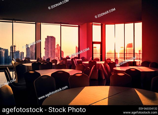 abstract blurry image of empty dining room with city skyline and sunset sky background -