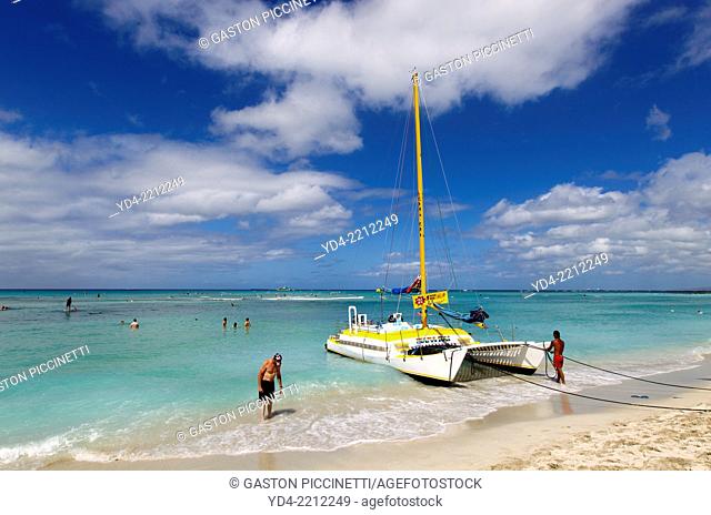 Catamaran in the shore, Waikiki Beach, O`ahu Island, Hawaii. USA