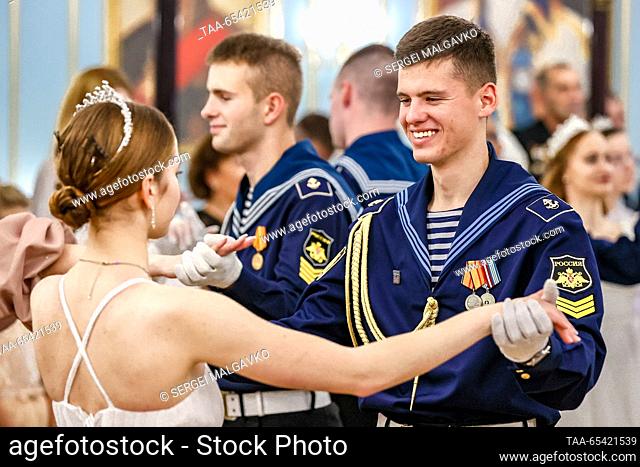 RUSSIA, SEVASTOPOL - DECEMBER 2, 2023: Couples dance during a ball held by the Yunarmiya [Young Army] Military Patriotic Movement at the Catherine Hall of the...