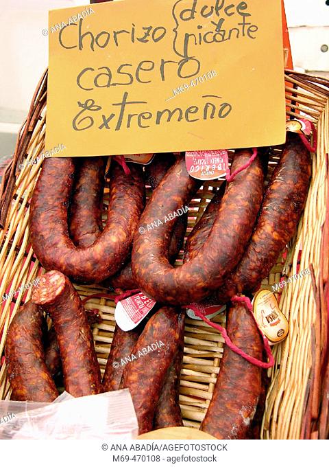 Sausages for sale. Fira Avícola Raça Prat, El Prat de Llobregat, Barcelona province, Catalonia, Spain