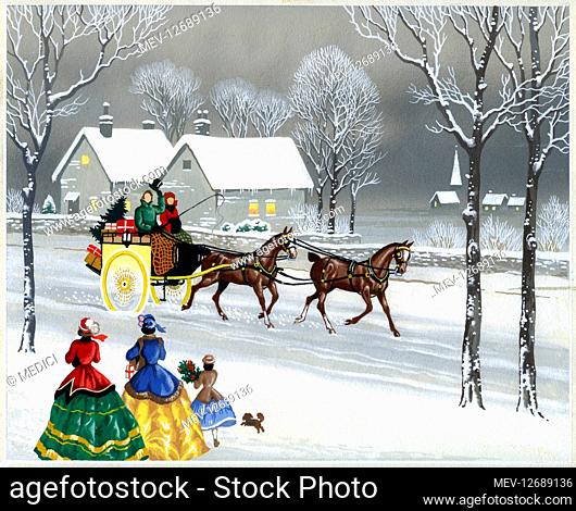 Victorian snowscene with lady and a gentleman in a cart drawn by two horses, loaded with Christmas tree and presents, passing by two houses and greeting two...