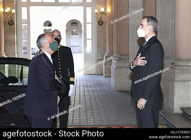 King Felipe VI of Spain, Marcelo Rebelo de Sousa, President of Portugal attend a meeting at Royal Palace on March 12, 2021 in Madrid, Spain