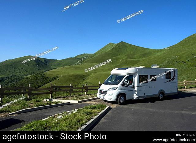 Motorhome at the foot of the Monts Dore in the Auvergne Volcanoes Natural Park, Puy de Dome department, Auvergne-Rhone-Alpes, France, Europe