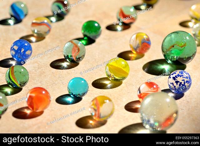Closeup Glass marble balls and shadows