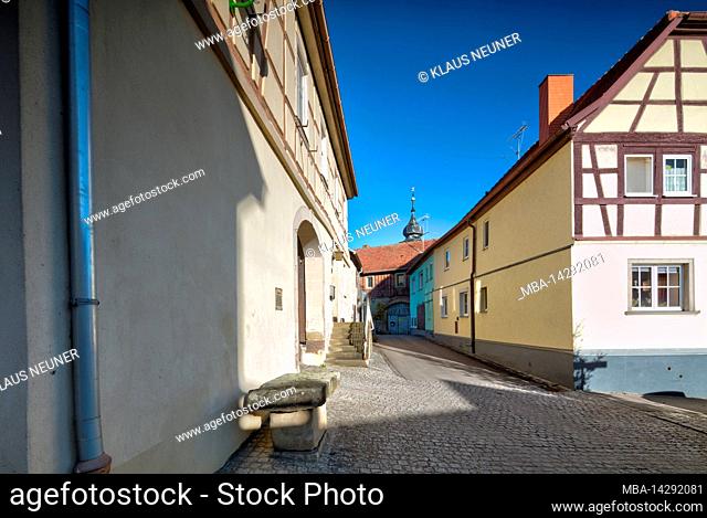 irchenburg, former fortified church, painting bench, painting place, aldermen, court, house facade, winter, Euerbach, Franconia, Germany, Europe